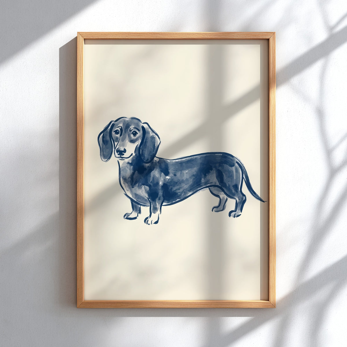 Dachshund watercolour poster in deep indigo blue ink on a pale cream paper background.