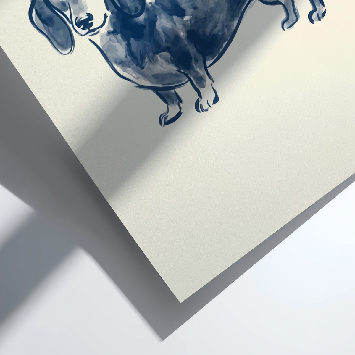 Dachshund watercolour poster in deep indigo blue ink on a pale cream paper background.