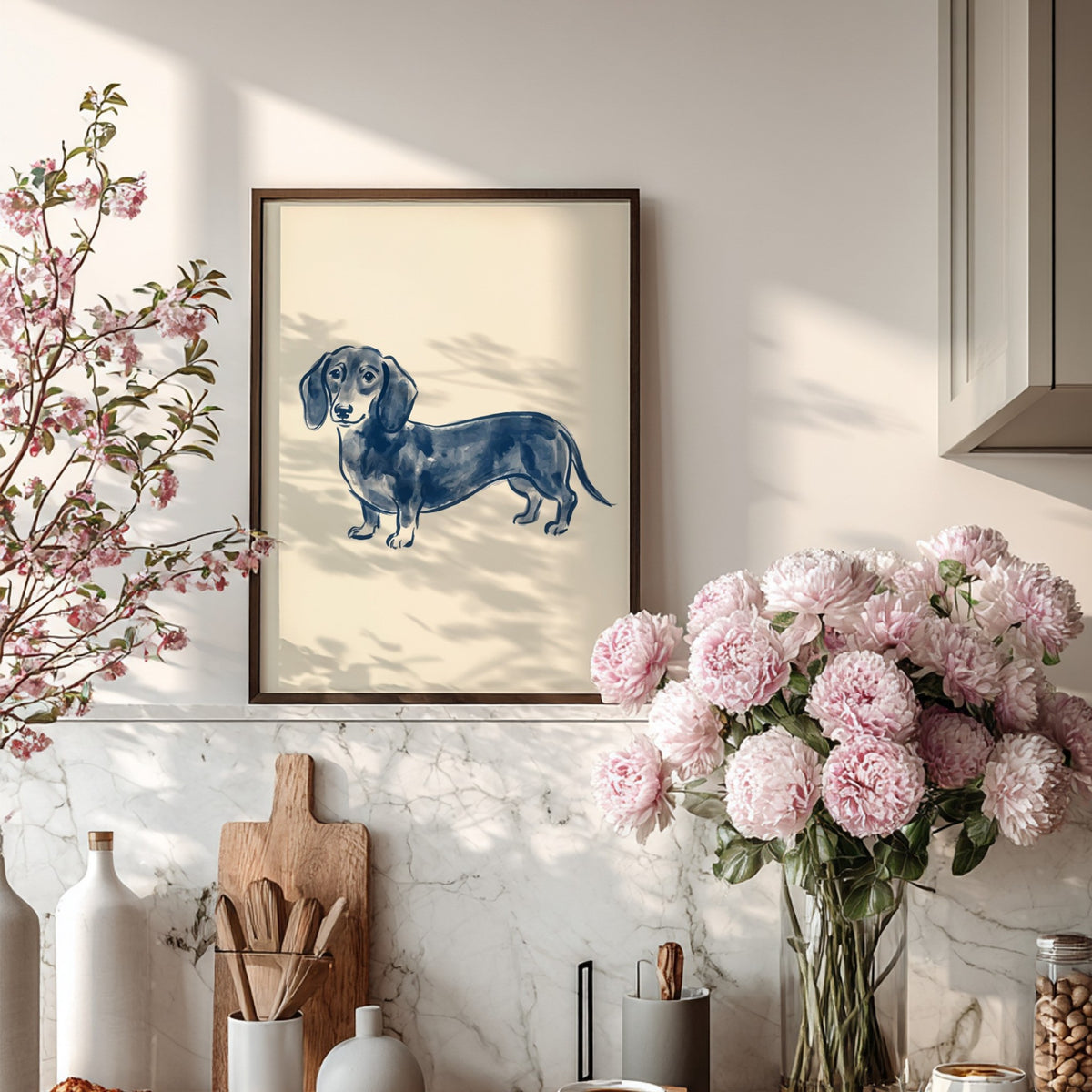 Dachshund watercolour poster in deep indigo blue ink on a pale cream paper background.