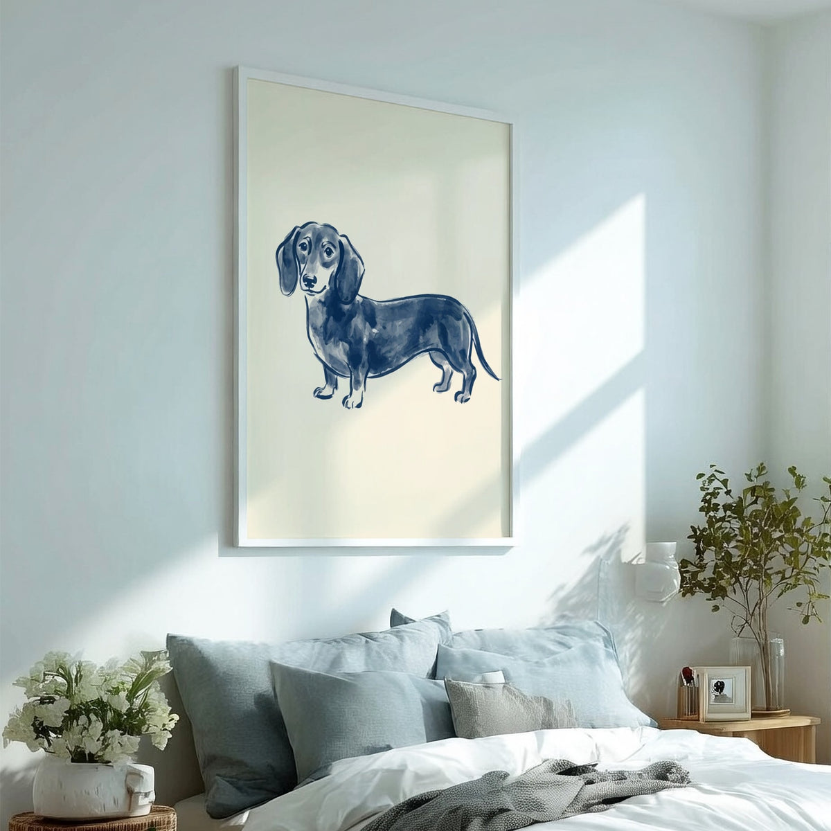 Dachshund watercolour poster in deep indigo blue ink on a pale cream paper background.