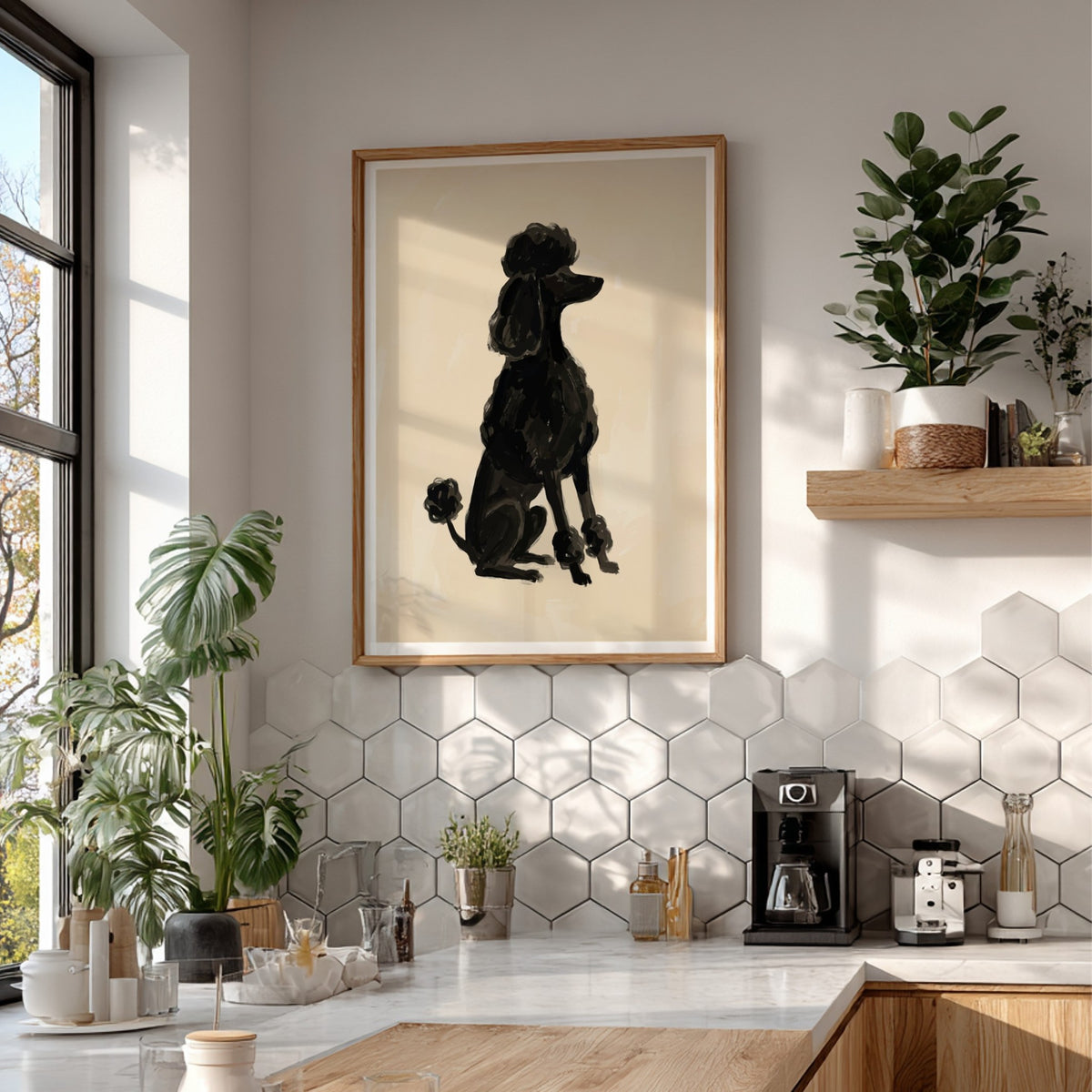 Poster of a black poodle silhouette rendered in expressive brushstrokes on a cream background