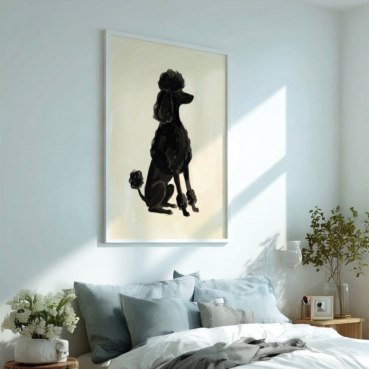 Poster of a black poodle silhouette rendered in expressive brushstrokes on a cream background