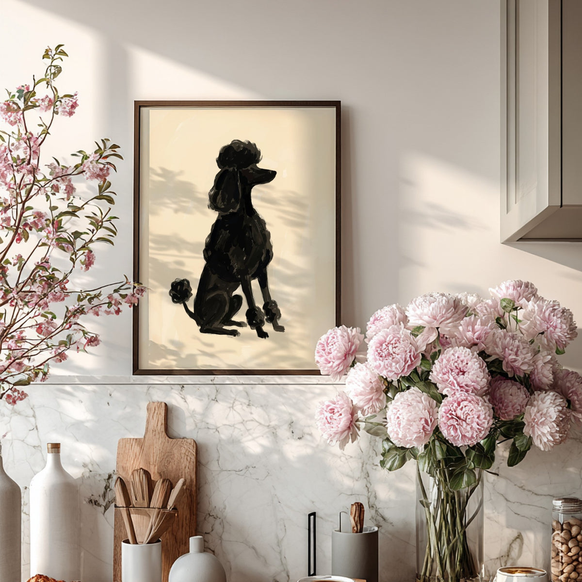 Poster of a black poodle silhouette rendered in expressive brushstrokes on a cream background