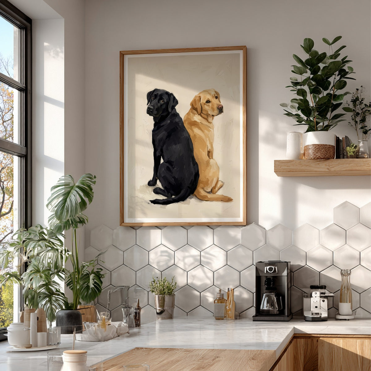 Poster featuring a black and a yellow Labrador retriever sitting back to back together.