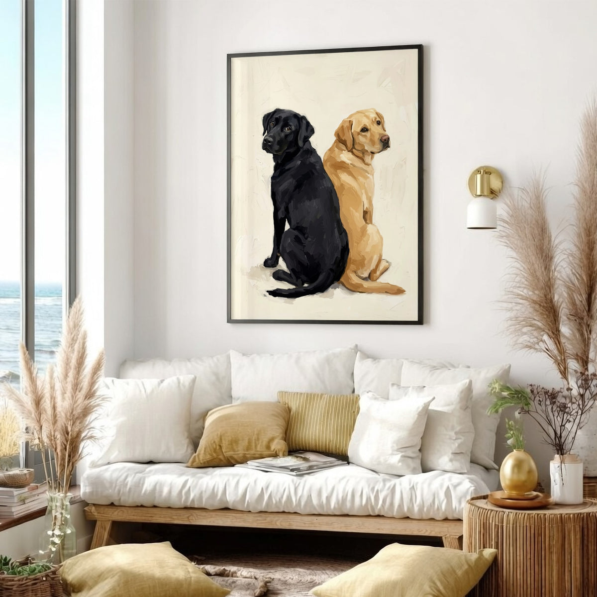 Poster featuring a black and a yellow Labrador retriever sitting back to back together.