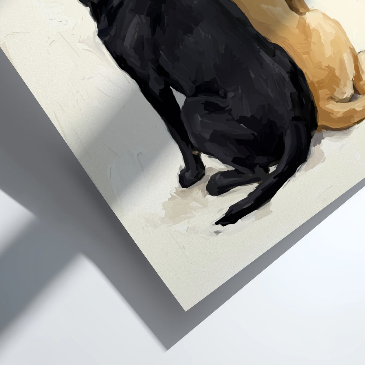 Poster featuring a black and a yellow Labrador retriever sitting back to back together.