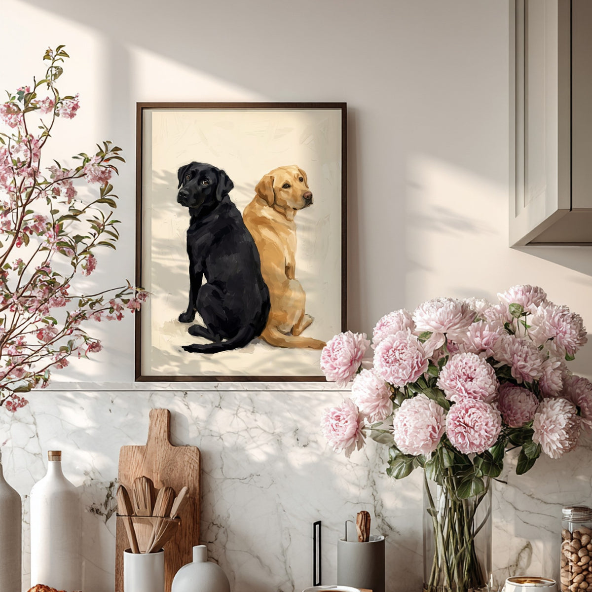 Poster featuring a black and a yellow Labrador retriever sitting back to back together.