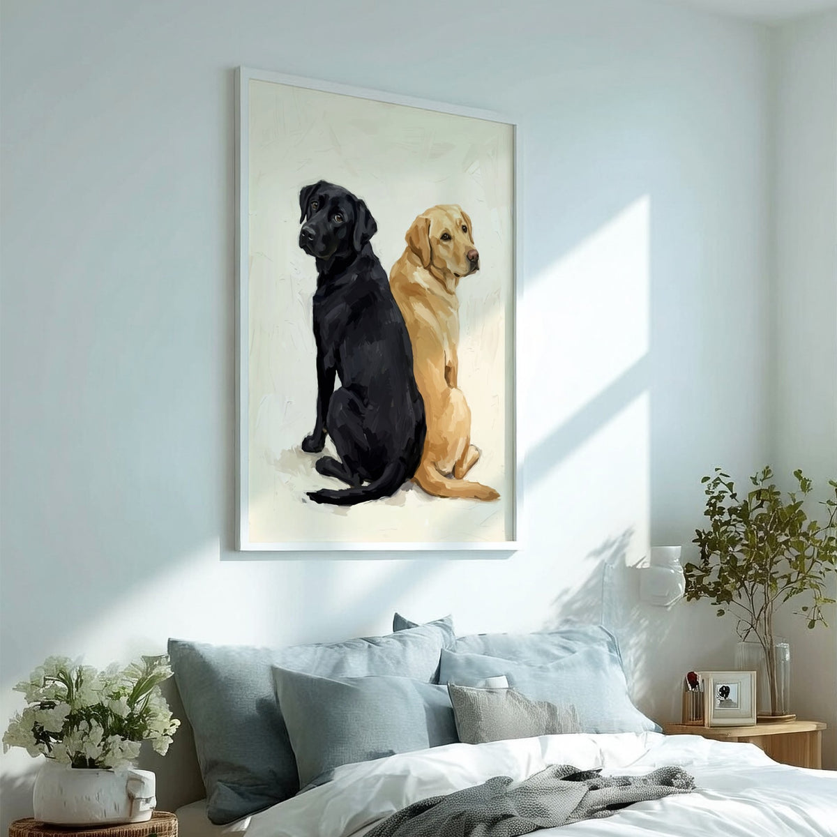 Poster featuring a black and a yellow Labrador retriever sitting back to back together.