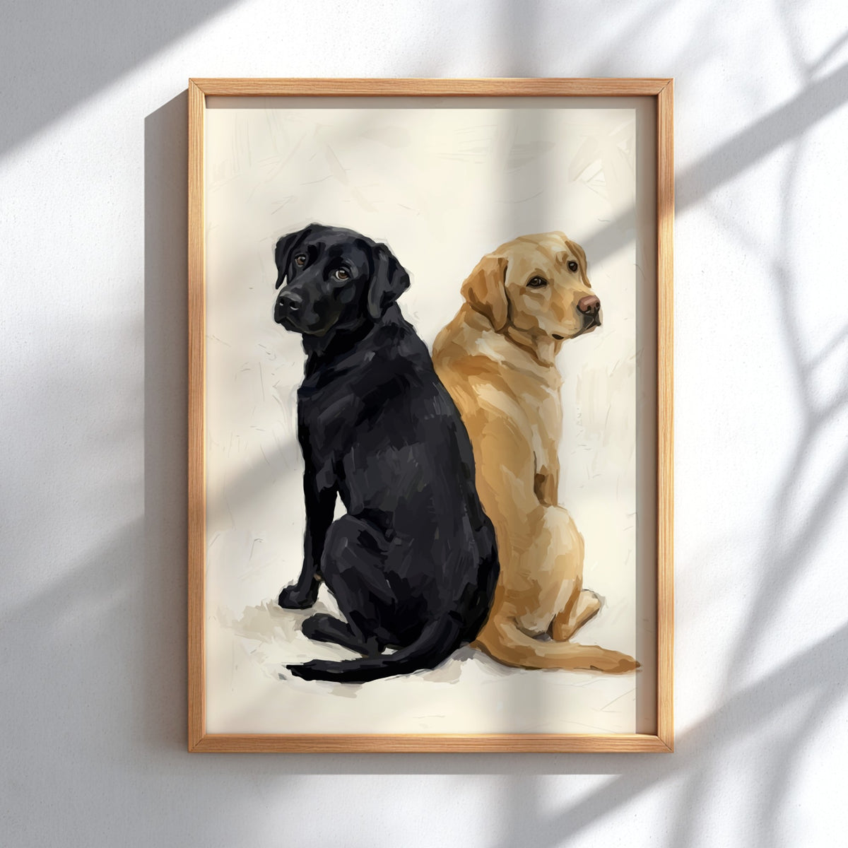 Poster featuring a black and a yellow Labrador retriever sitting back to back together.