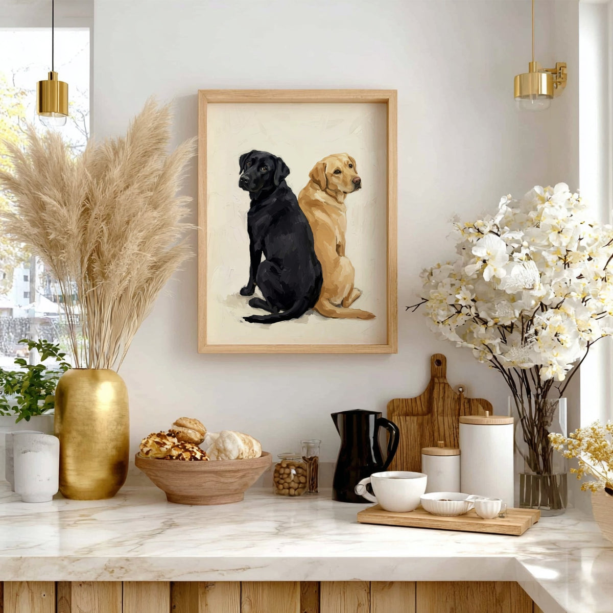 Poster featuring a black and a yellow Labrador retriever sitting back to back together.
