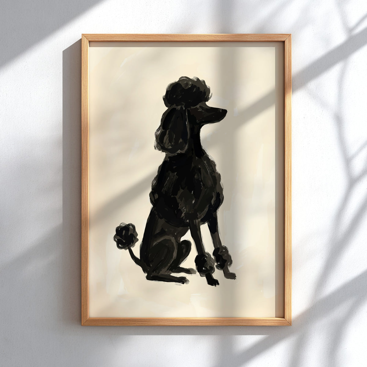 Poster of a black poodle silhouette rendered in expressive brushstrokes on a cream background