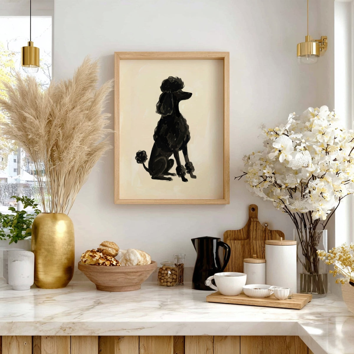 Poster of a black poodle silhouette rendered in expressive brushstrokes on a cream background
