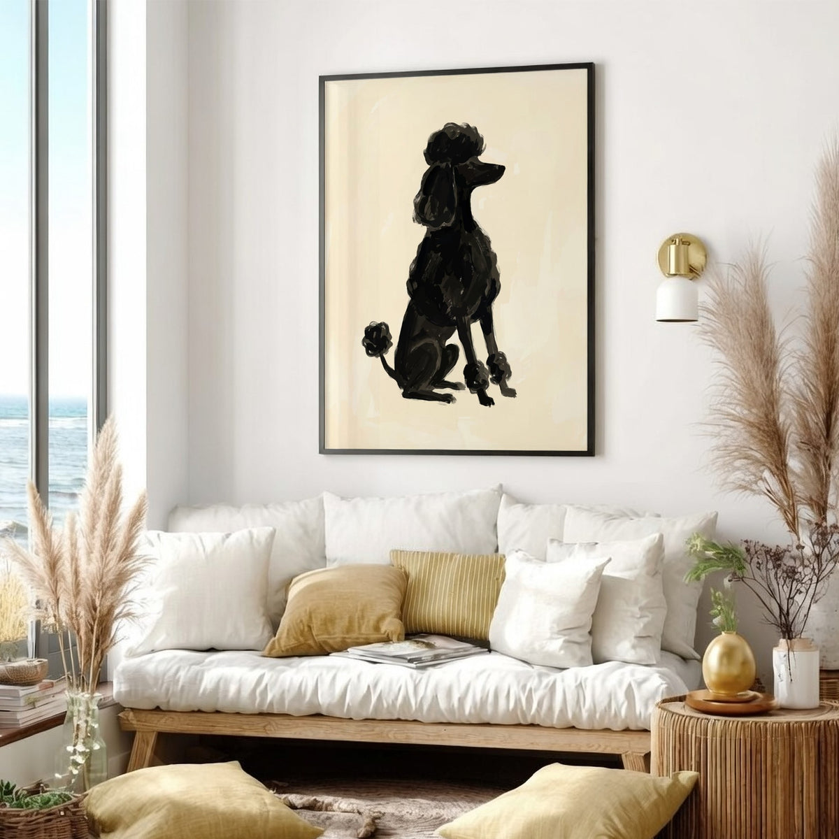 Poster of a black poodle silhouette rendered in expressive brushstrokes on a cream background