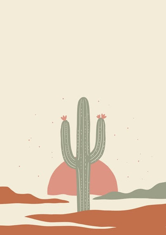 Poster featuring a minimalist green saguaro cactus set against a warm terracotta sun background