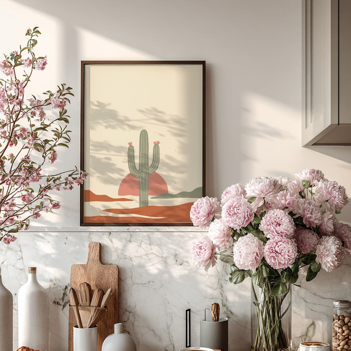 Poster featuring a minimalist green saguaro cactus set against a warm terracotta sun background