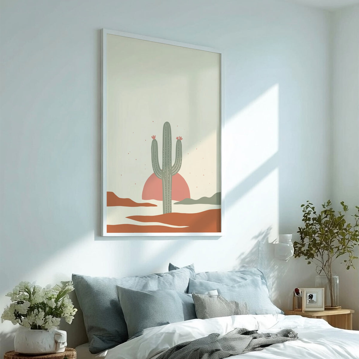 Poster featuring a minimalist green saguaro cactus set against a warm terracotta sun background
