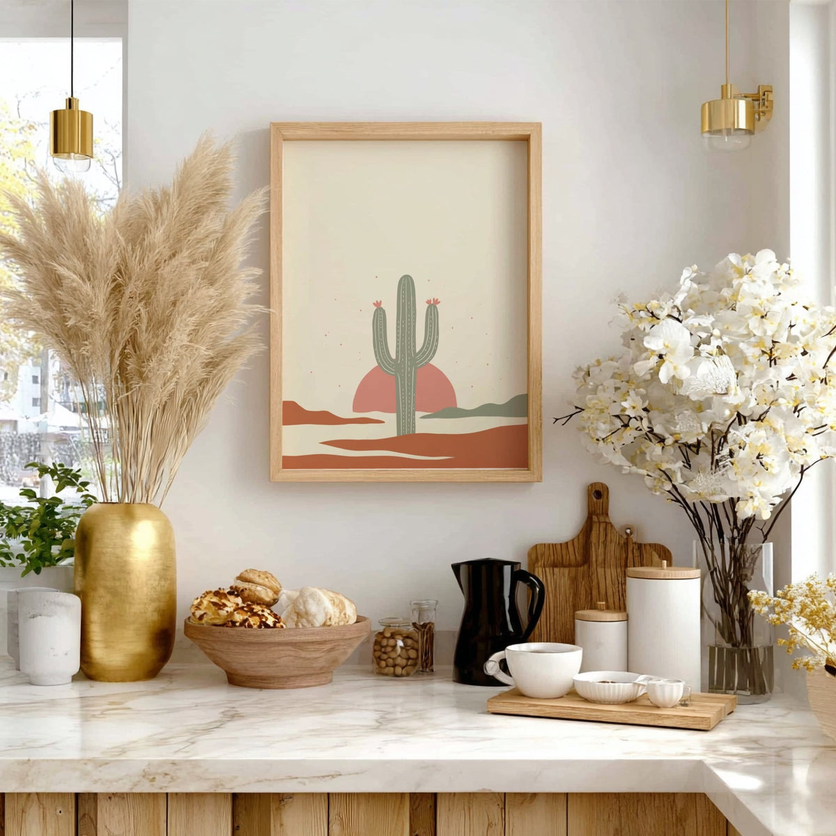 Poster featuring a minimalist green saguaro cactus set against a warm terracotta sun background