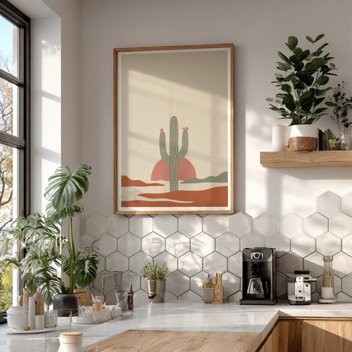 Poster featuring a minimalist green saguaro cactus set against a warm terracotta sun background