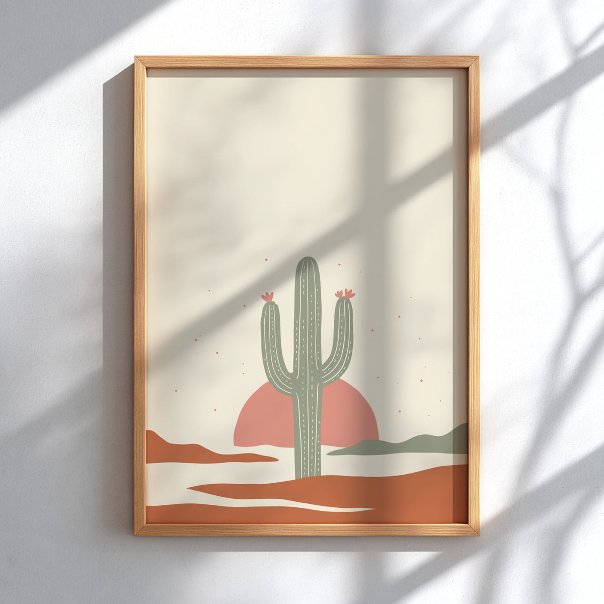 Poster featuring a minimalist green saguaro cactus set against a warm terracotta sun background