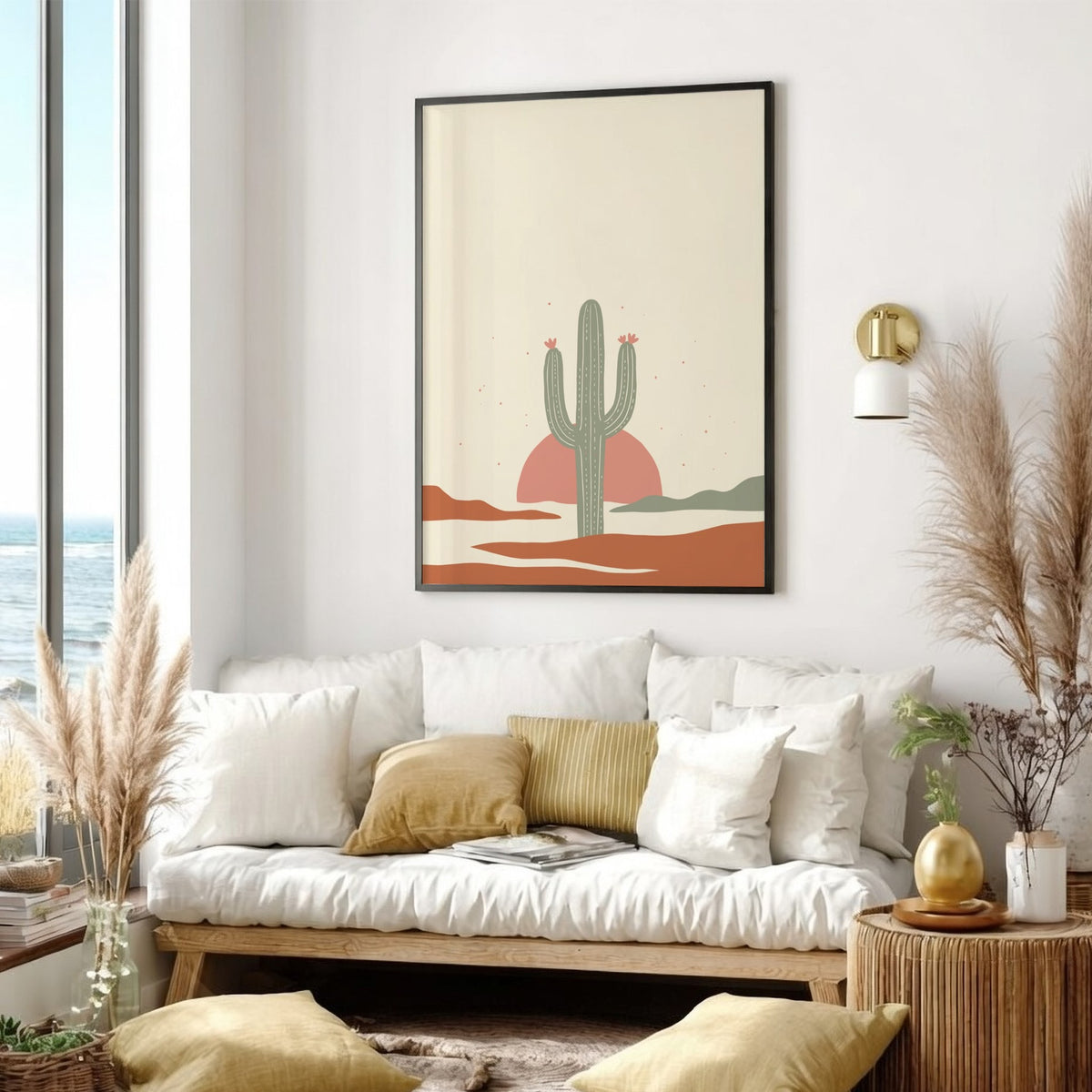 Poster featuring a minimalist green saguaro cactus set against a warm terracotta sun background
