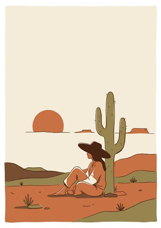 Poster of a woman sitting under a saguaro cactus during a desert sunset