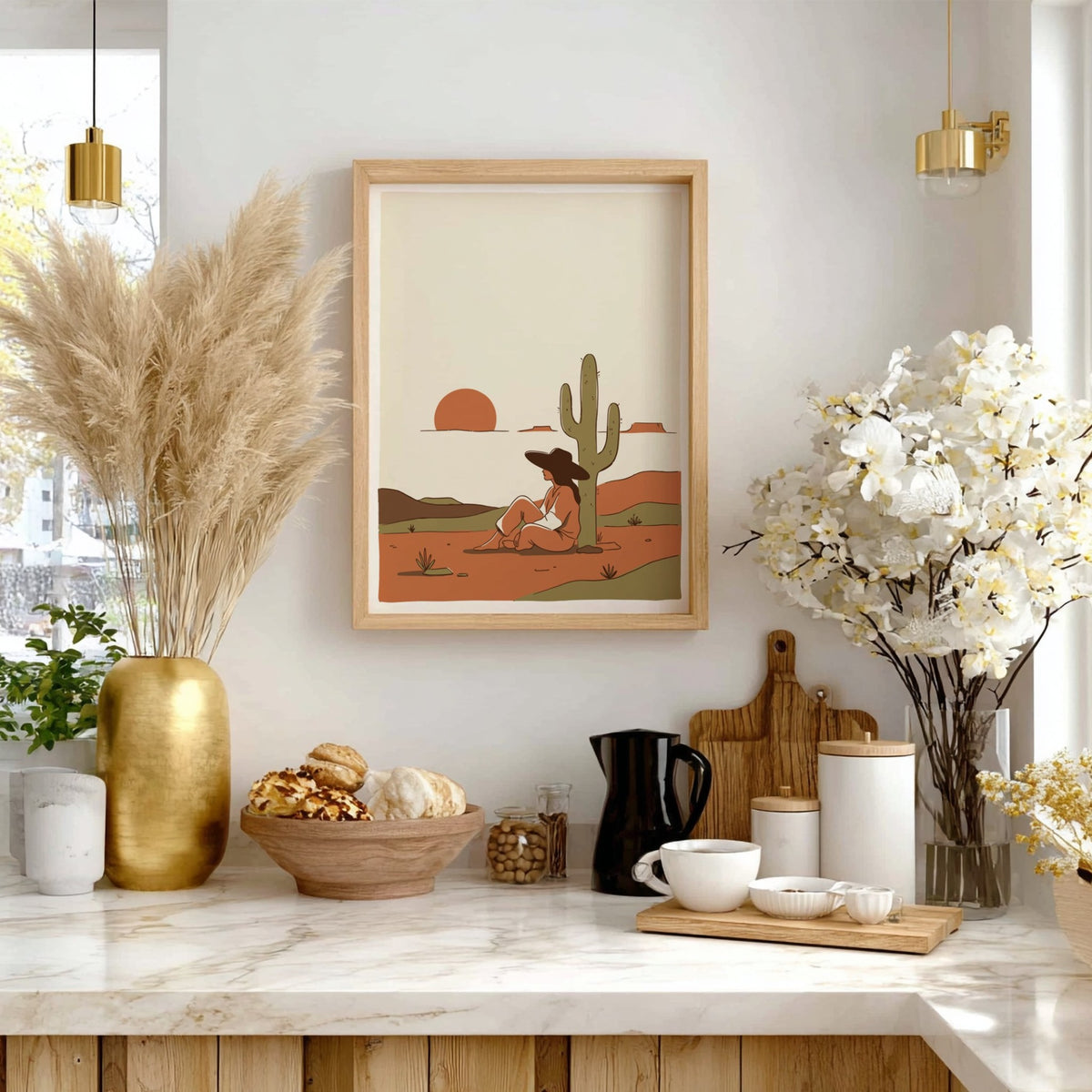 Poster of a woman sitting under a saguaro cactus during a desert sunset