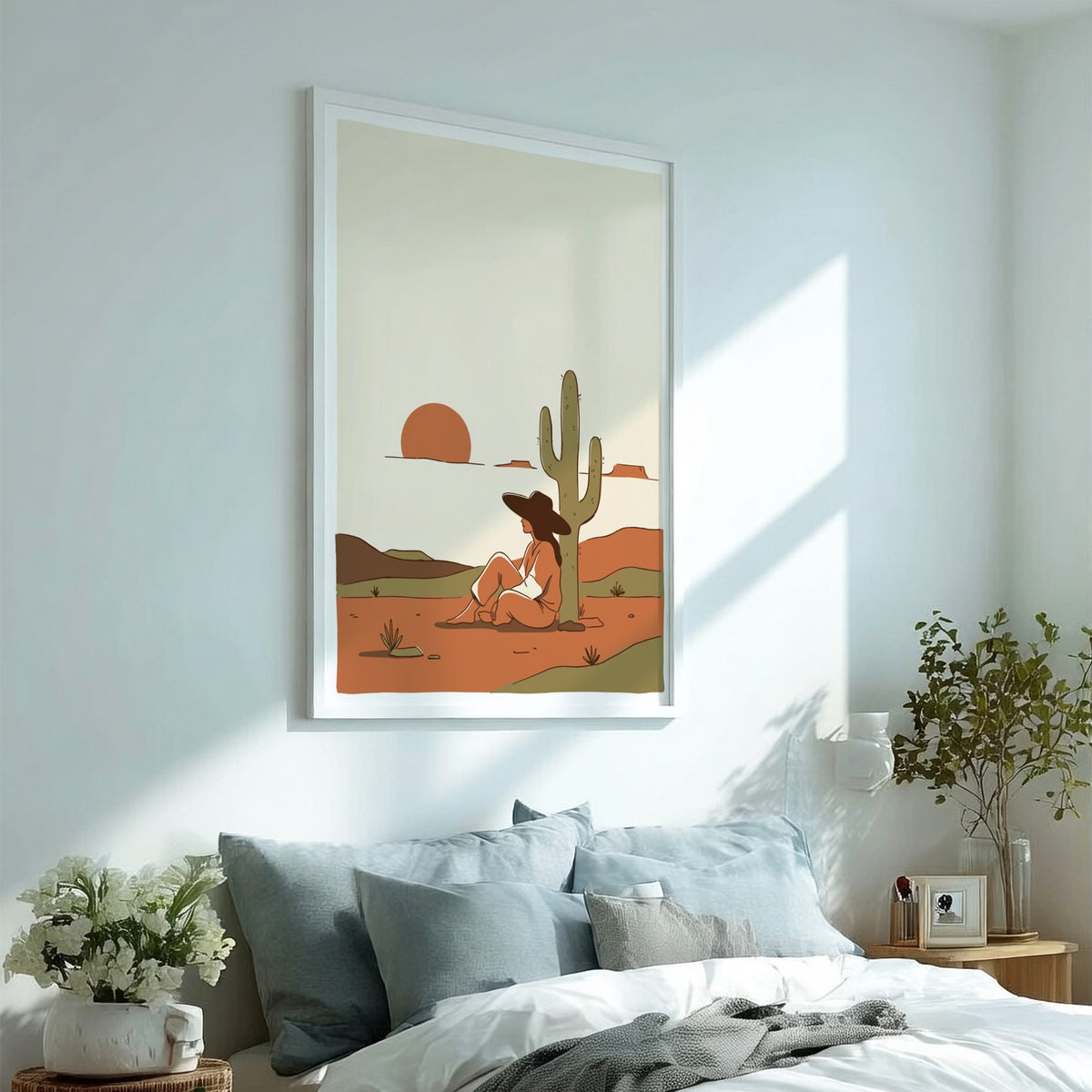 Poster of a woman sitting under a saguaro cactus during a desert sunset