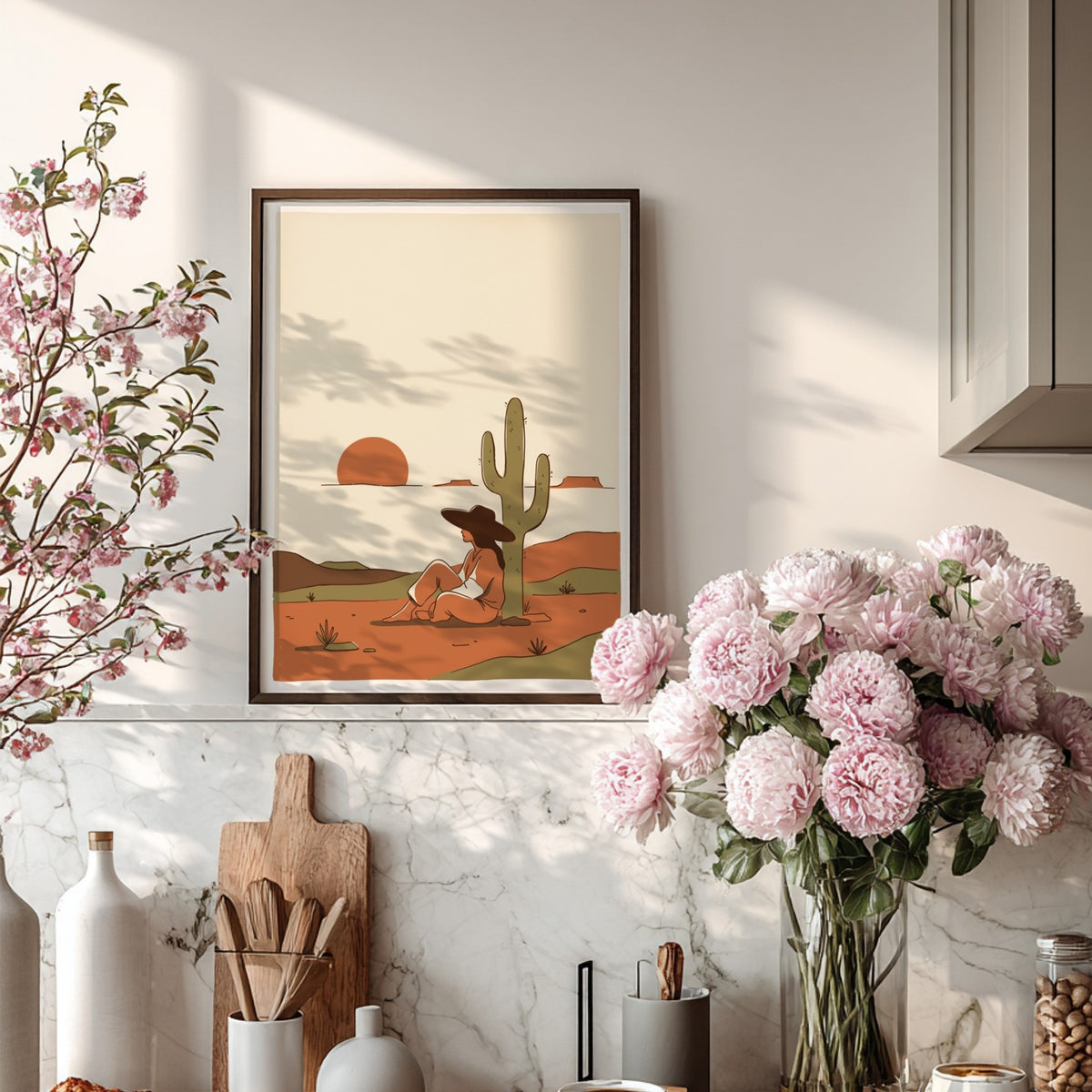 Poster of a woman sitting under a saguaro cactus during a desert sunset