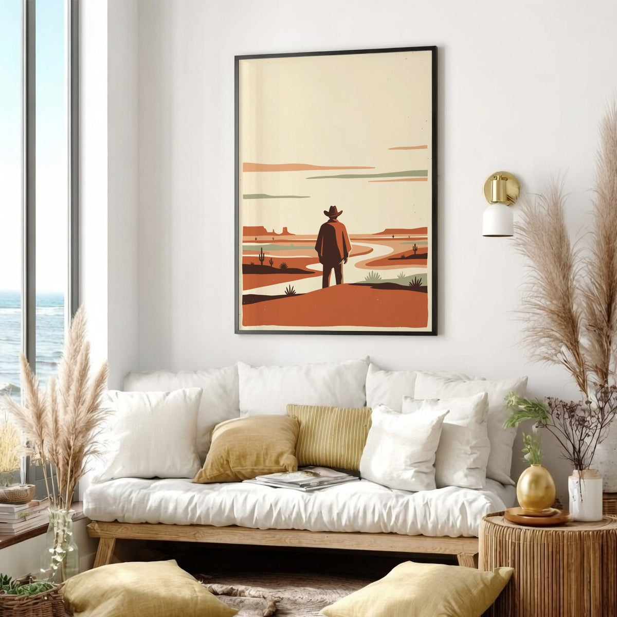 Poster of a lone cowboy in a poncho standing before a vast desert landscape