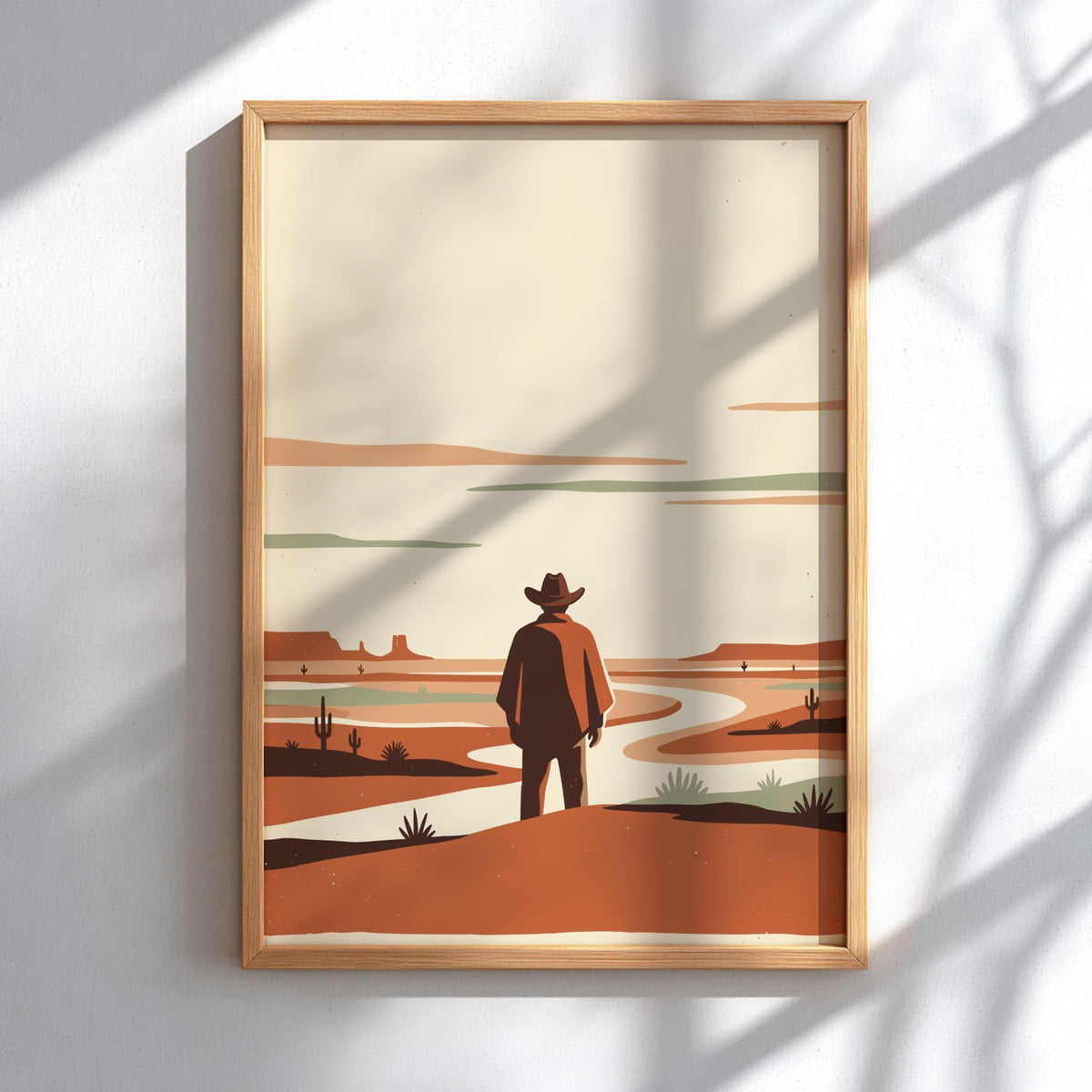 Poster of a lone cowboy in a poncho standing before a vast desert landscape
