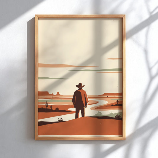 Poster of a lone cowboy in a poncho standing before a vast desert landscape