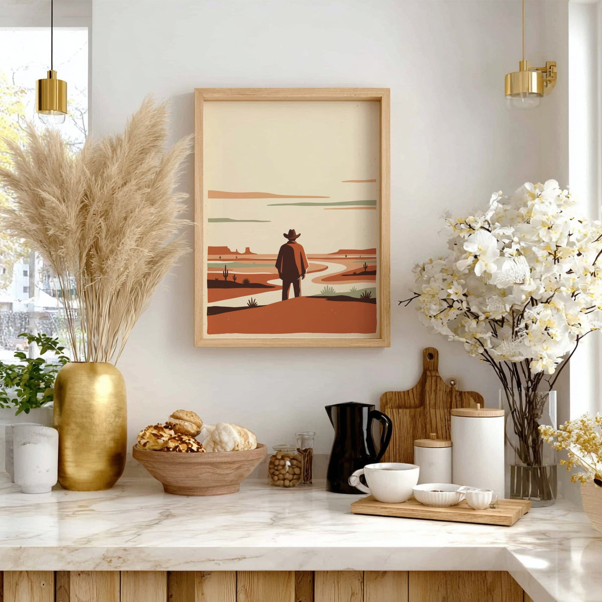 Poster of a lone cowboy in a poncho standing before a vast desert landscape