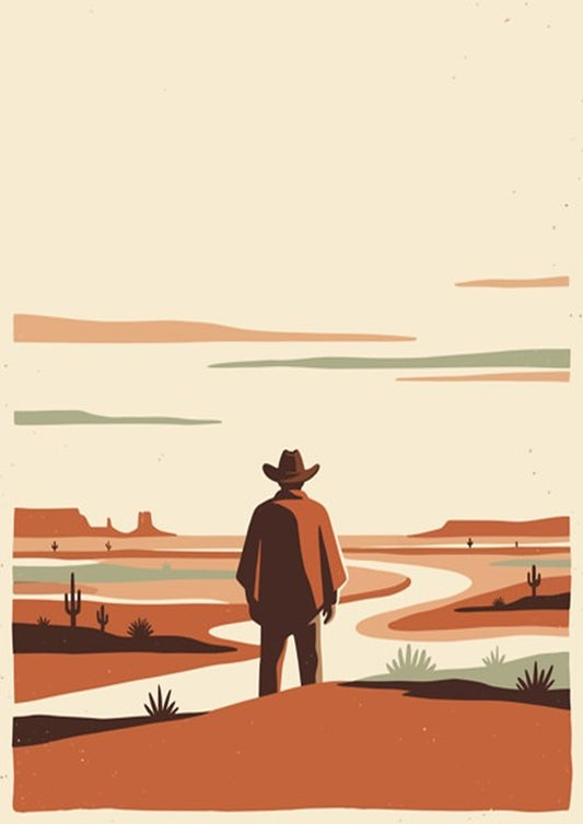 Poster of a lone cowboy in a poncho standing before a vast desert landscape