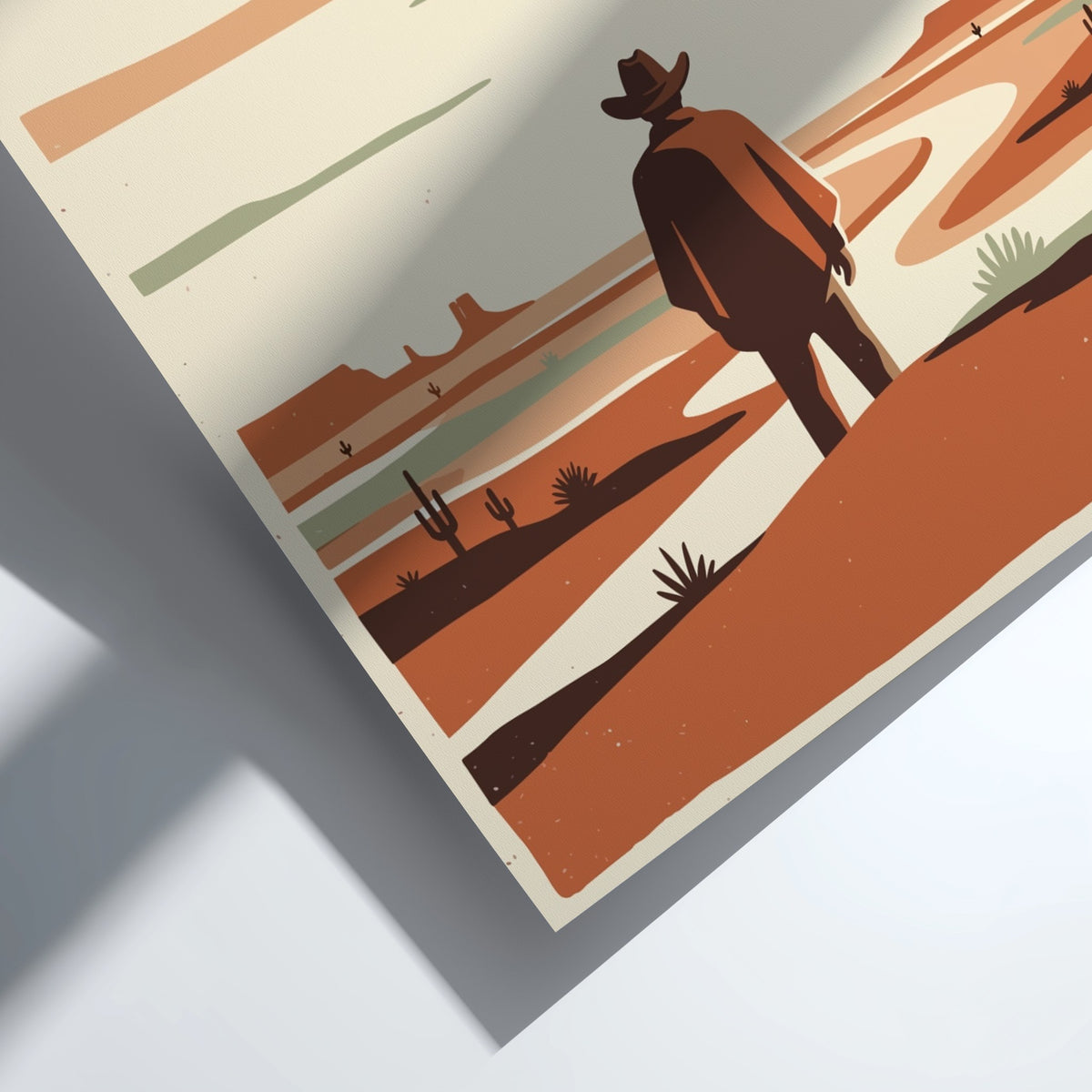 Poster of a lone cowboy in a poncho standing before a vast desert landscape