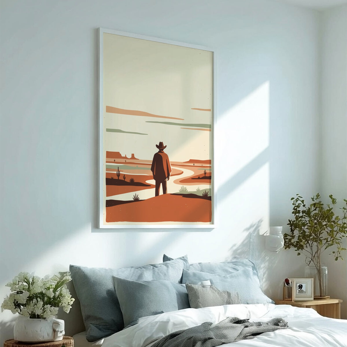 Poster of a lone cowboy in a poncho standing before a vast desert landscape