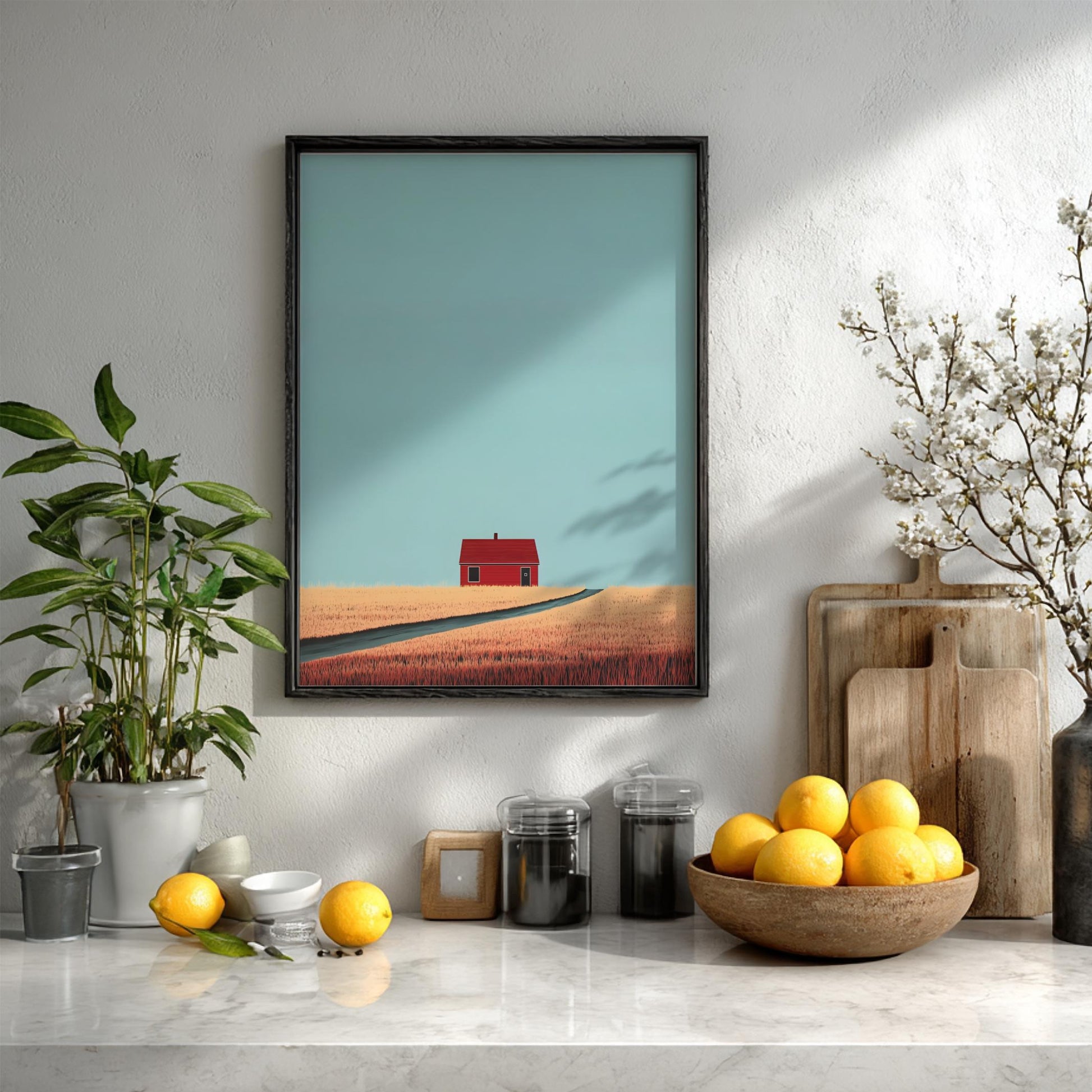 The Crimson Dwelling - Minimalist Red House Modern Wall Print