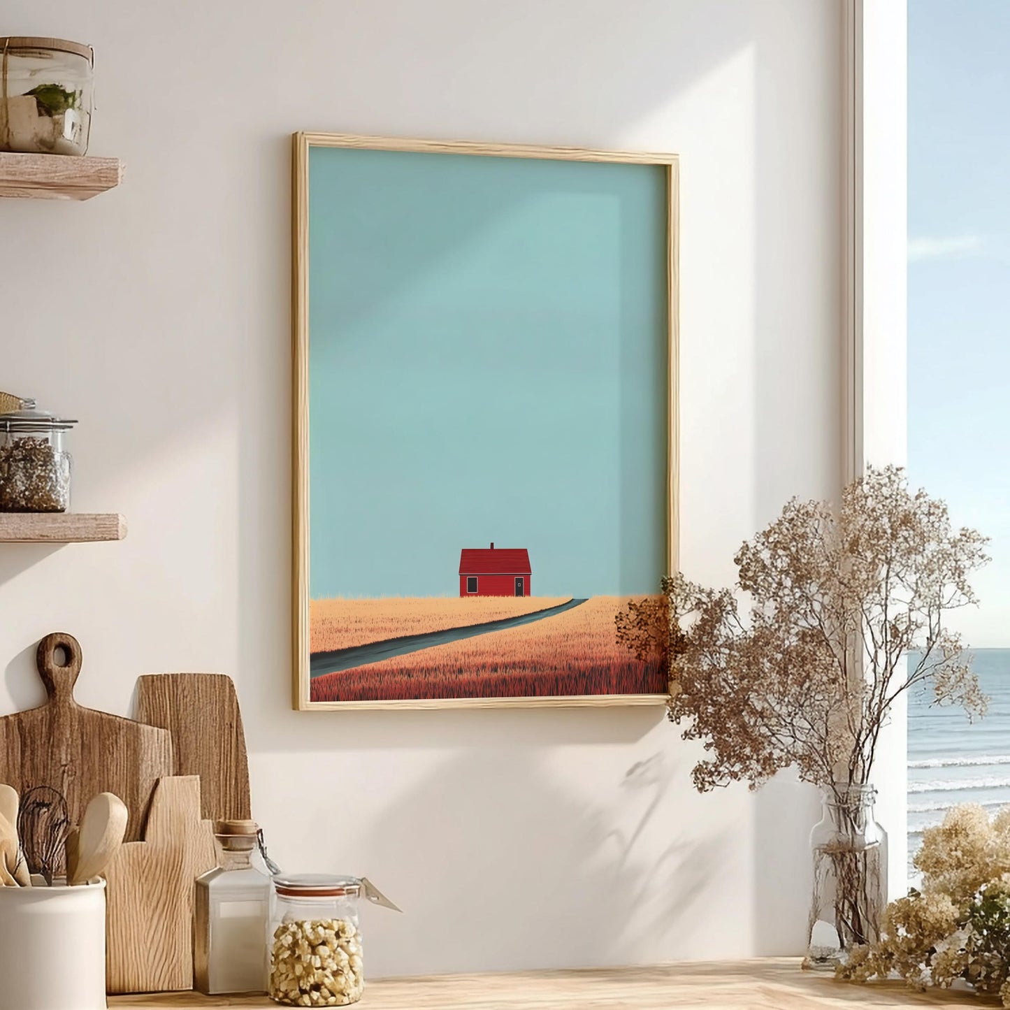 The Crimson Dwelling - Minimalist Red House Modern Wall Print