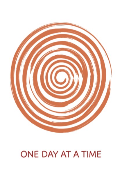 Motivational poster showing a burnt orange hand drawn spiral with One Day At A Time.