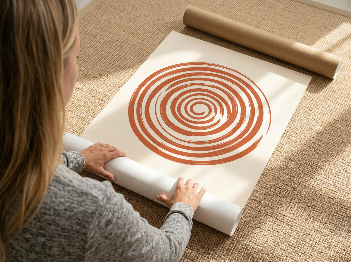 Motivational poster showing a burnt orange hand drawn spiral with One Day At A Time.