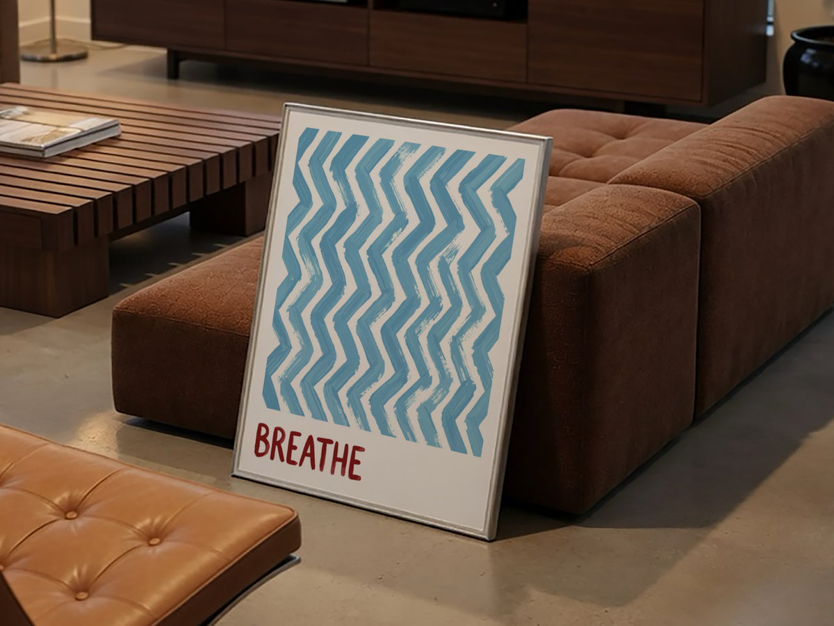 Motivational poster featuring blue hand-painted zigzag stripes above the word Breathe in red.