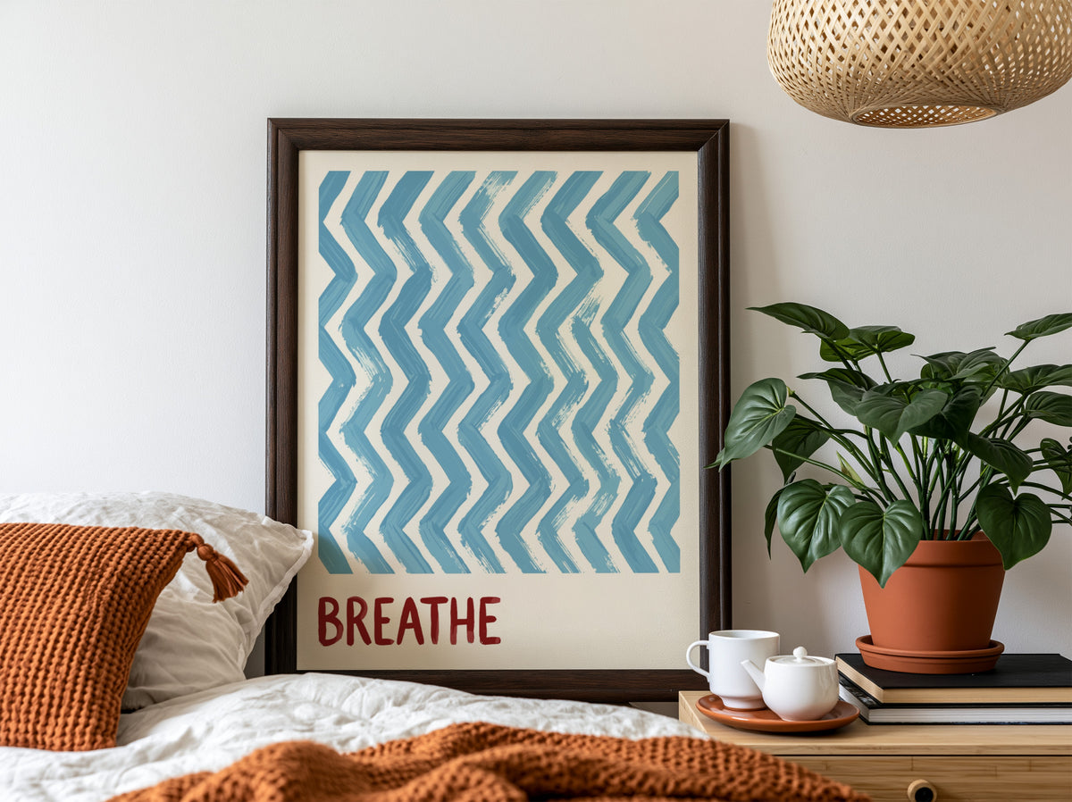 Motivational poster featuring blue hand-painted zigzag stripes above the word Breathe in red.