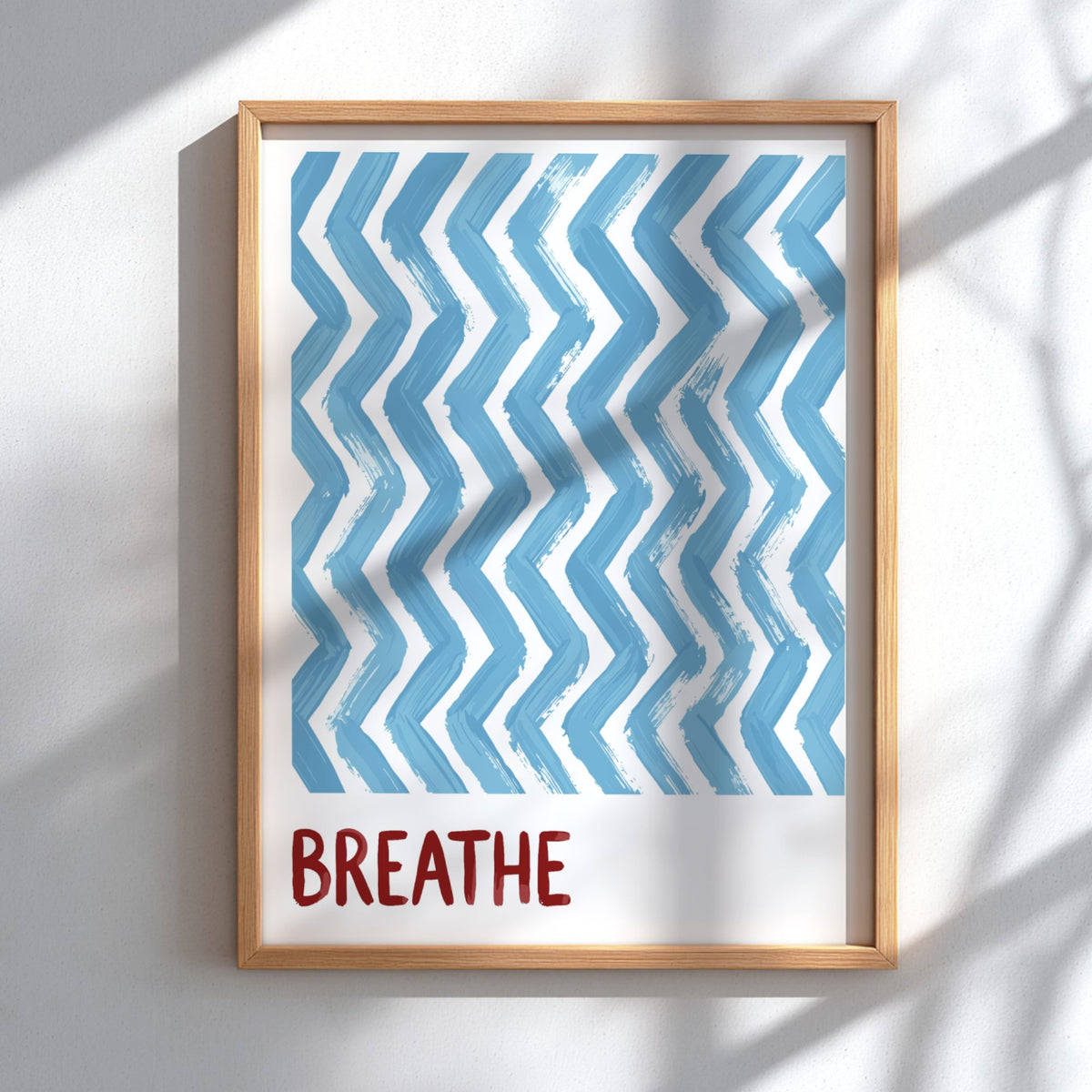 Motivational poster featuring blue hand-painted zigzag stripes above the word Breathe in red.
