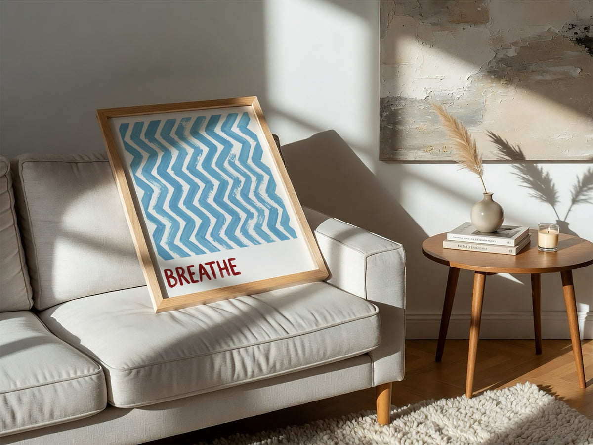 Motivational poster featuring blue hand-painted zigzag stripes above the word Breathe in red.