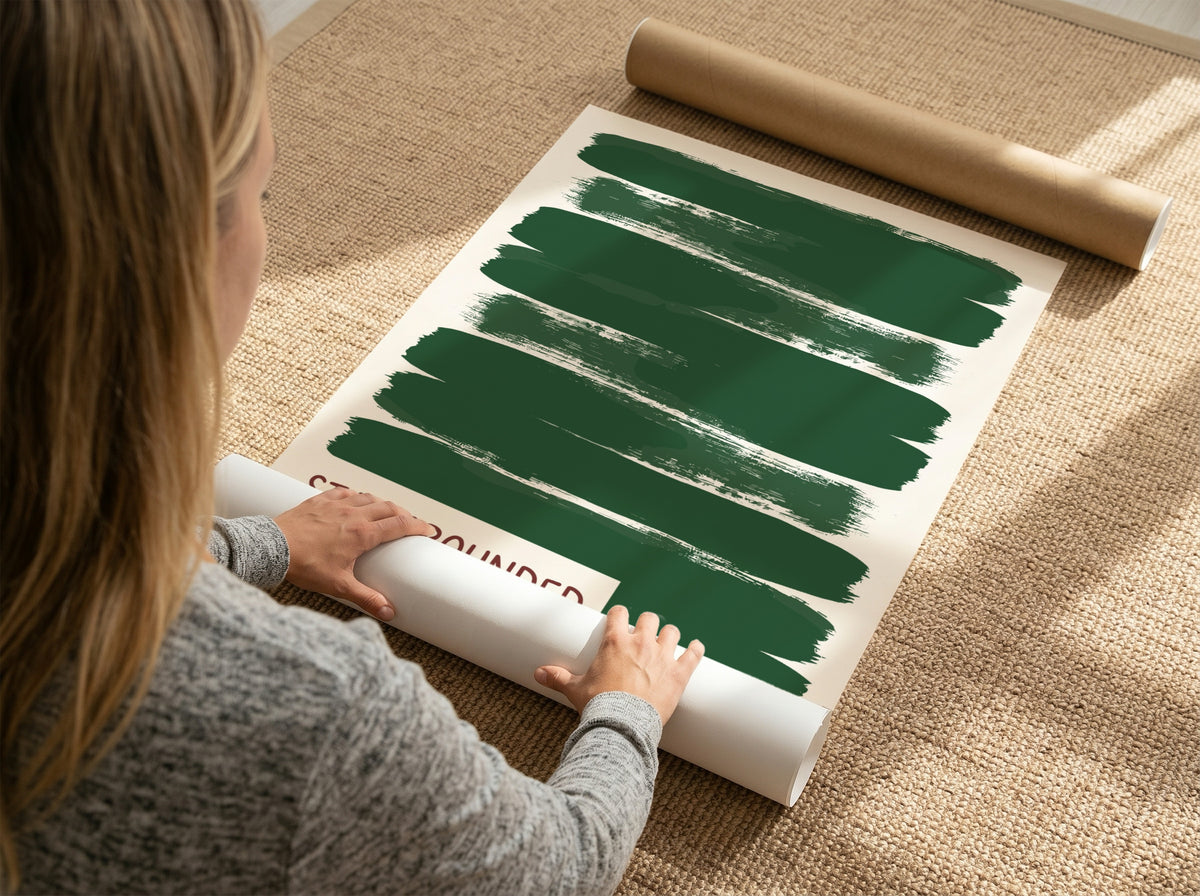 Motivational poster featuring deep forest green brush strokes with the text Stay Grounded