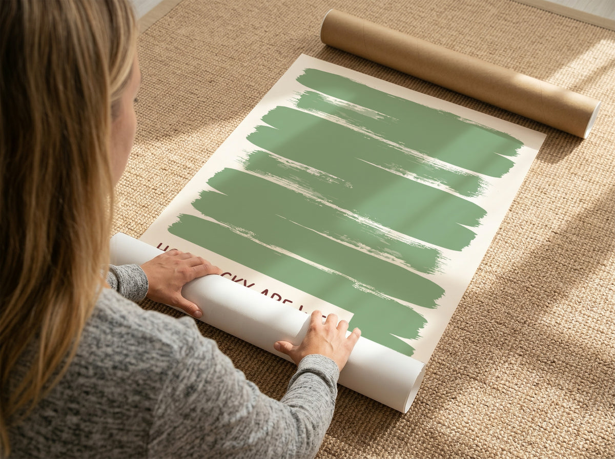 Motivational poster with sage green brushstrokes and the text How Lucky Are We displayed.