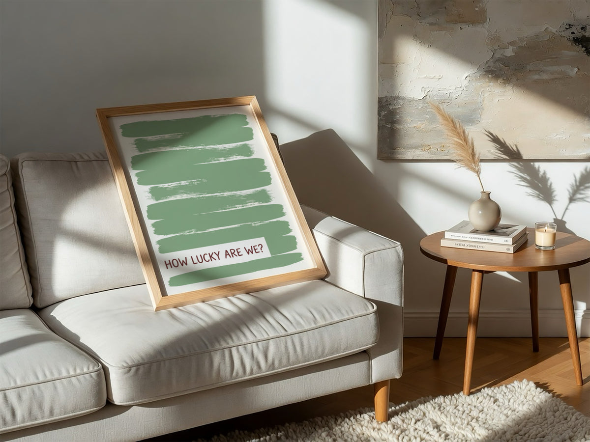 Motivational poster with sage green brushstrokes and the text How Lucky Are We displayed.