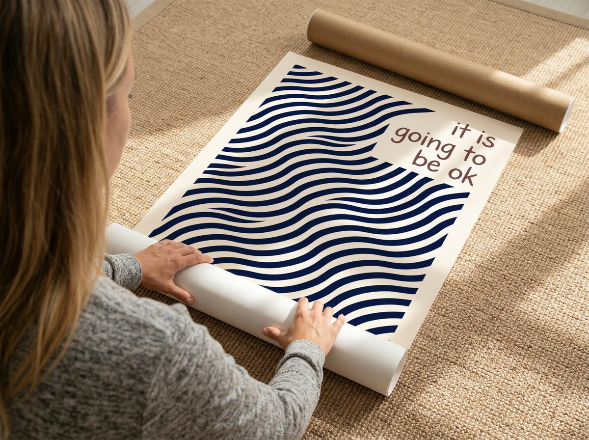 Motivational poster with navy blue wavy lines and the text it is going to be ok.
