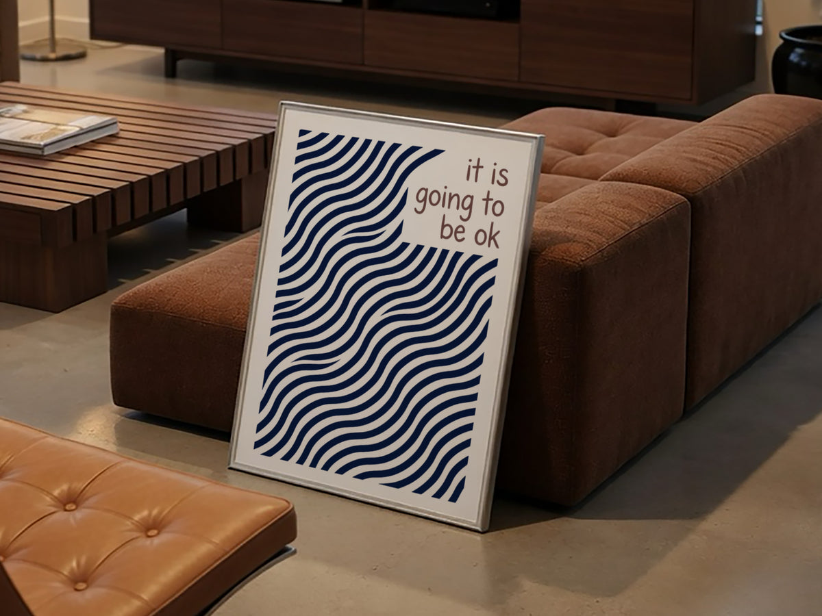 Motivational poster with navy blue wavy lines and the text it is going to be ok.