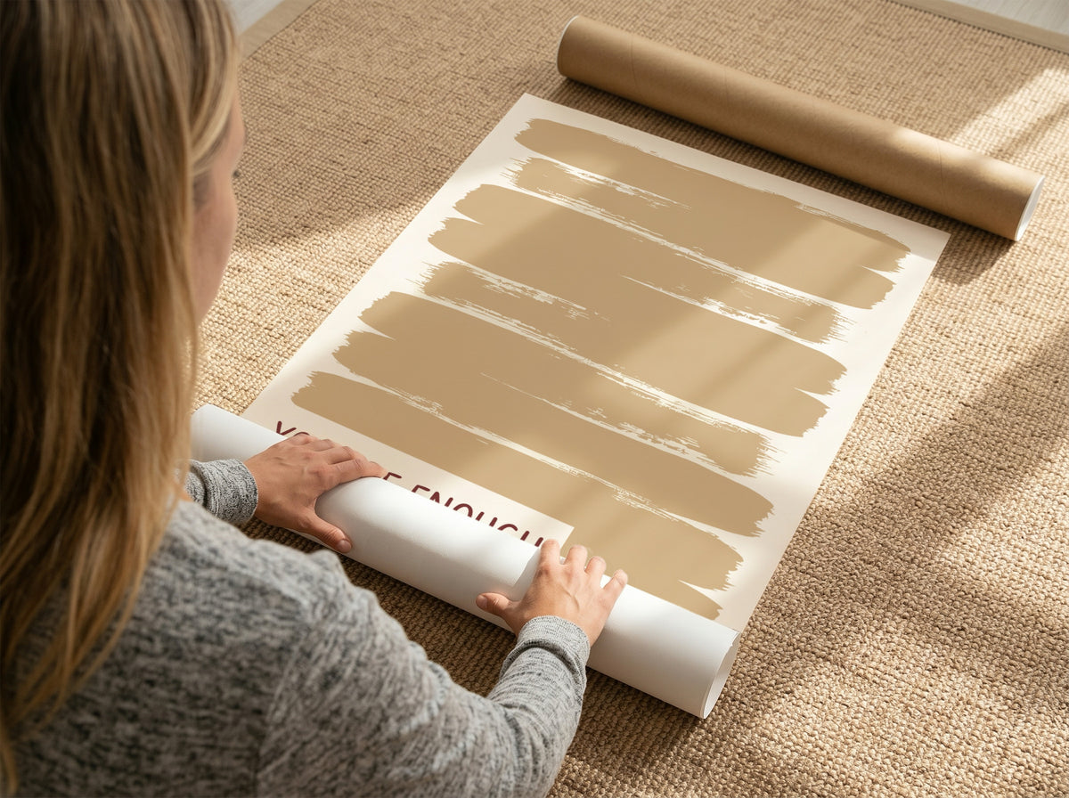 Motivational poster with warm taupe brushstrokes and the text You Are Enough displayed.