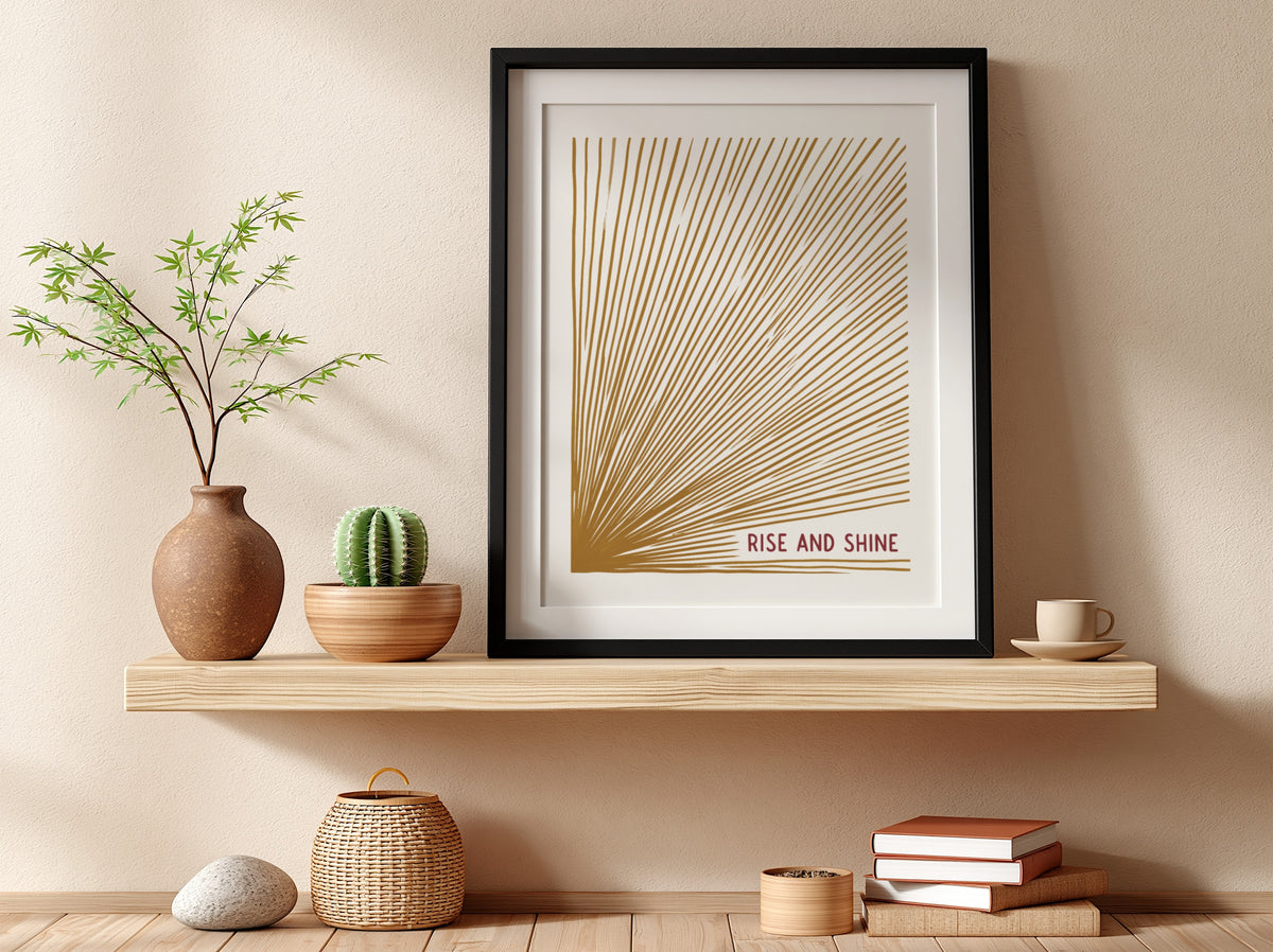 Motivational poster with golden sunburst lines on cream background and Rise and Shine text